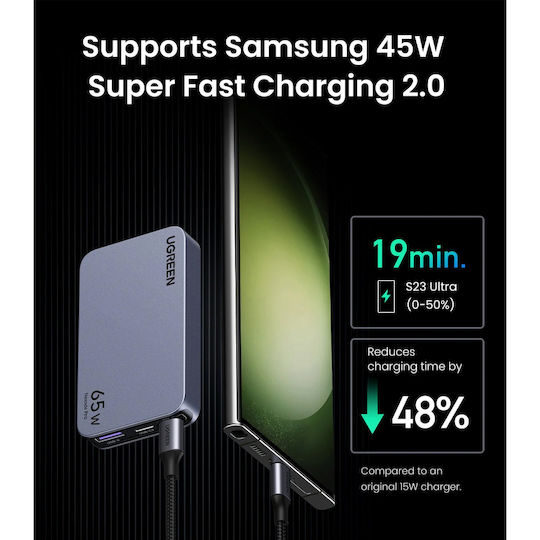 Ugreen Φορτιστής Χωρίς Καλώδιο GaN με Θύρα USB-A και 2 Θύρες USB-C 65W Power Delivery Γκρι (Nexode Pro)