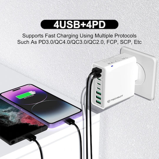 Techsuit Charger Without Cable with 4 USB-A Ports and 4 USB-C Ports 65W Power Delivery / Quick Charge 3.0 Whites (CHPD224)