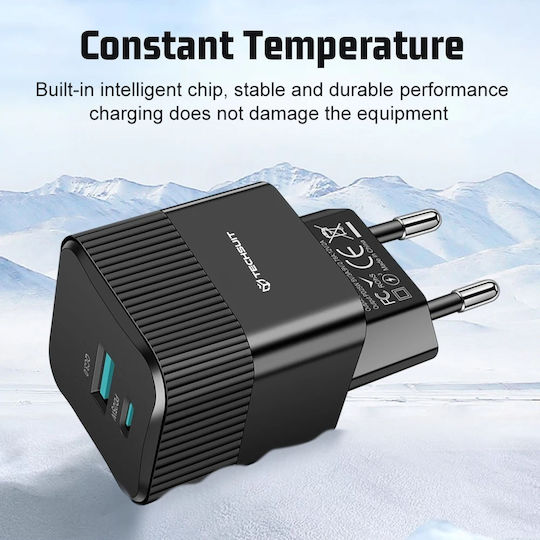 Techsuit Charger Without Cable GaN with USB-A Port and USB-C Port 25W Power Delivery / Quick Charge 3.0 Blacks (CHPD216)