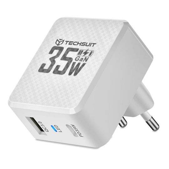 Techsuit Charger with Built-in Cable GaN with USB-A Port and USB-C Port 35W Power Delivery / Quick Charge 3.0 Whites (CHPD173)