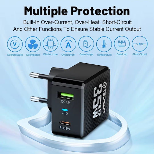 Techsuit Charger Without Cable GaN with USB-A Port and USB-C Port 35W Power Delivery / Quick Charge 3.0 Blacks (CHPD173)