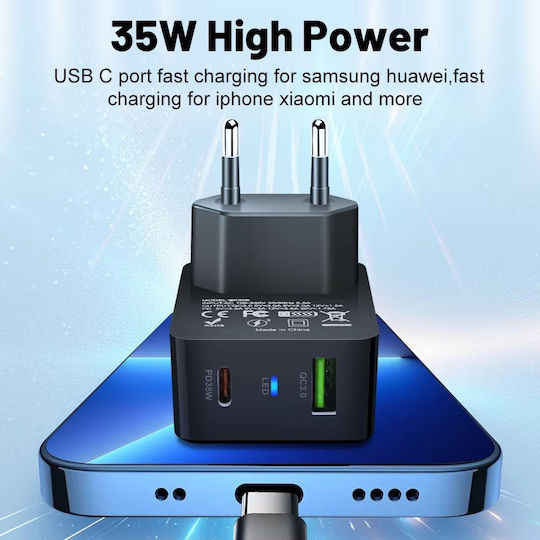 Techsuit Charger Without Cable GaN with USB-A Port and USB-C Port 35W Power Delivery / Quick Charge 3.0 Blacks (CHPD173)
