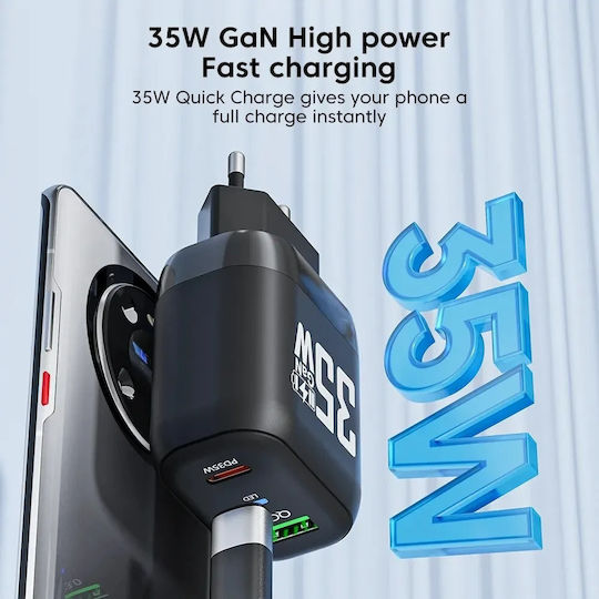Techsuit Charger Without Cable GaN with USB-A Port and USB-C Port 35W Power Delivery / Quick Charge 3.0 Blacks (CHPD174)