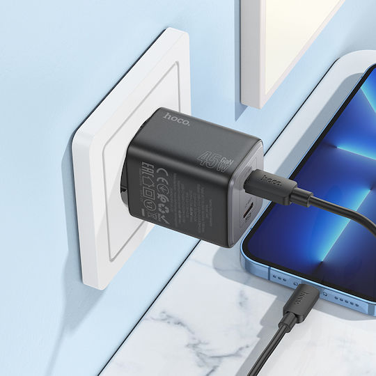 Hoco Φορτιστής Χωρίς Καλώδιο GaN με 2 Θύρες USB-C 45W Power Delivery Μαύρος (N42)