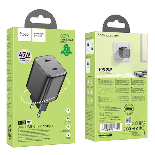 Hoco Φορτιστής Χωρίς Καλώδιο GaN με 2 Θύρες USB-C 45W Power Delivery Μαύρος (N42)