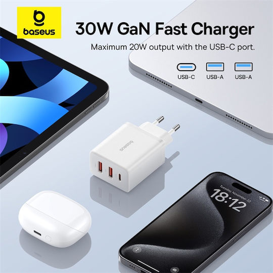 Baseus GaN Wireless Charger with 2 USB-A Output Ports and USB-C Output Port 30W Power Delivery White (Cube Trio)