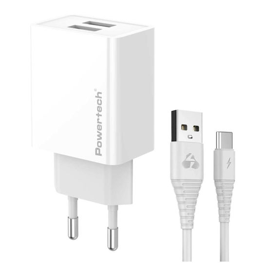 Powertech Ladegerät mit 2 USB-A Anschlüsse und Kabel USB-C 12W Weißs (PT-1324)