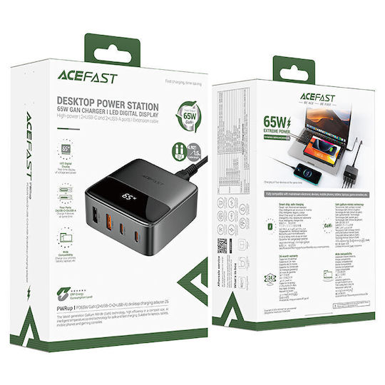 Acefast Suport de Încărcare GaN cu 2 Porturi USB-A și 2 Porturi USB-C 65W Livrarea energiei / Quick Charge 4+ în culoarea Negru (Z6)