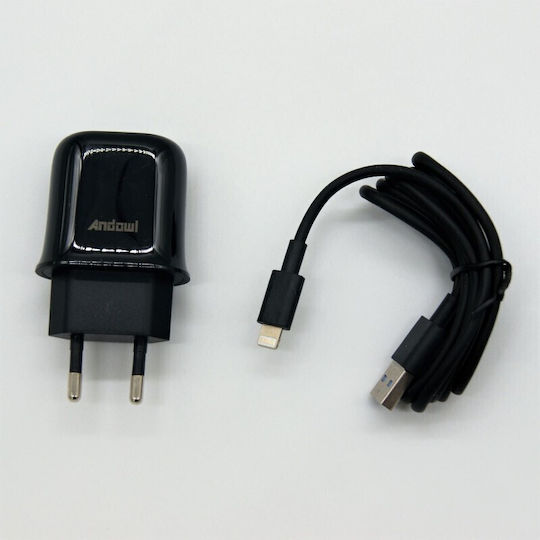 Andowl Φορτιστής με 2 Θύρες USB-A και Καλώδιο Lightning Μαύρος (CX-15)