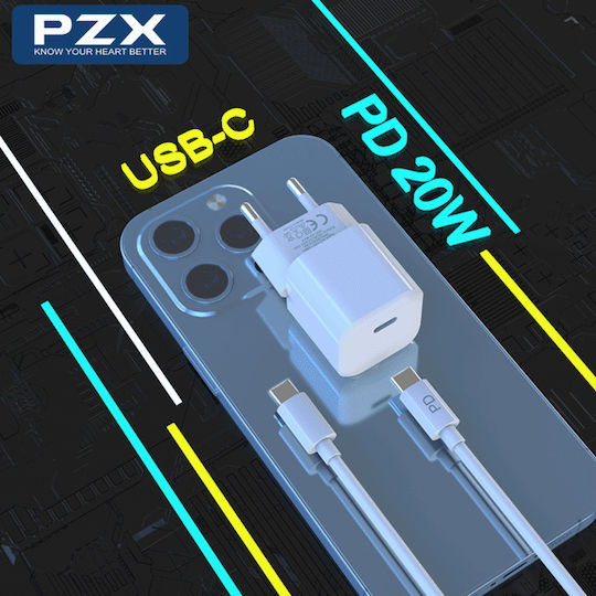 PZX Φορτιστής με Θύρα USB-C και Καλώδιο USB-C - USB-C 20W Power Delivery Λευκός (P45)
