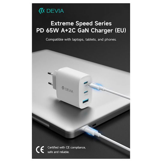 Devia Charger Without Cable GaN with USB-A Port and 2 USB-C Ports 65W Power Delivery Whites (Extreme Speed Series)