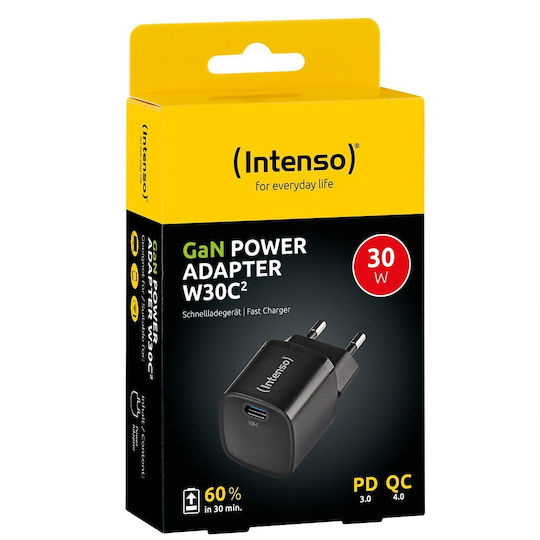 Intenso Φορτιστής Χωρίς Καλώδιο GaN με Θύρα USB-C 30W Μαύρος (W30C²)
