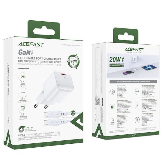 Acefast Φορτιστής GaN με Θύρα USB-C και Καλώδιο USB-C - USB-C 20W Power Delivery / Quick Charge 2.0 / Quick Charge 3.0 / Quick Charge 4+ Λευκός (A73)