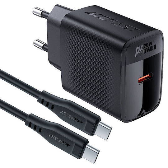 Acefast Φορτιστής GaN με Θύρα USB-C και Καλώδιο USB-C - USB-C 20W Power Delivery Μαύρος (A82)