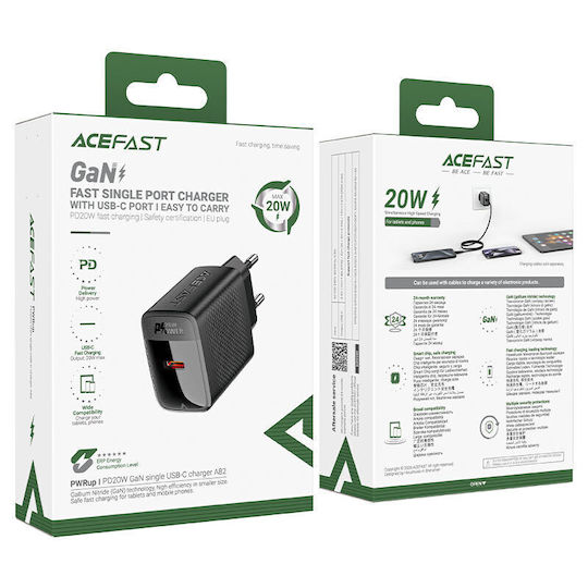 Acefast Φορτιστής GaN με Θύρα USB-C και Καλώδιο USB-C - USB-C 20W Power Delivery Μαύρος (A82)