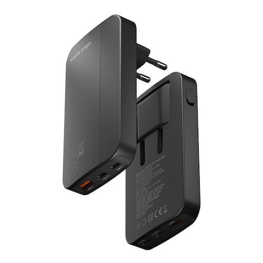 Mobile Origin Φορτιστής Χωρίς Καλώδιο GaN με Θύρα USB-A και 2 Θύρες USB-C 65W Μαύρος
