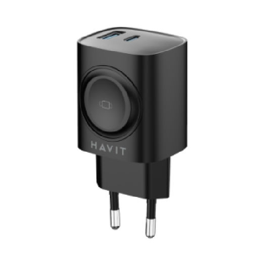 Havit Φορτιστής Χωρίς Καλώδιο με Θύρα USB-A και Θύρα USB-C 22W Power Delivery / Quick Charge 3.0 Μαύρος (UC132)