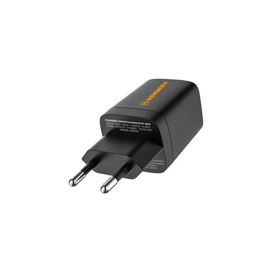 Hammer Φορτιστής Χωρίς Καλώδιο με Θύρα USB-A και Θύρα USB-C 30W Power Delivery Μαύρος (RapidCharge Duo)
