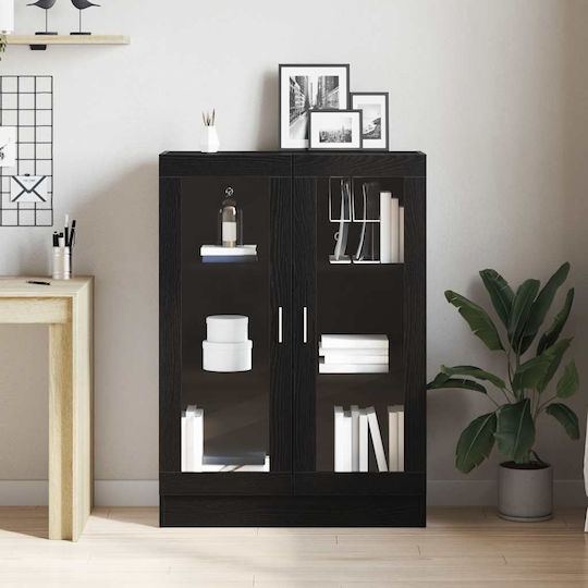 Wohnzimmer-Vitrine aus Spanplatte in Schwarz und Eiche mit Glastür 82,5 x 30,5 x 115 cm