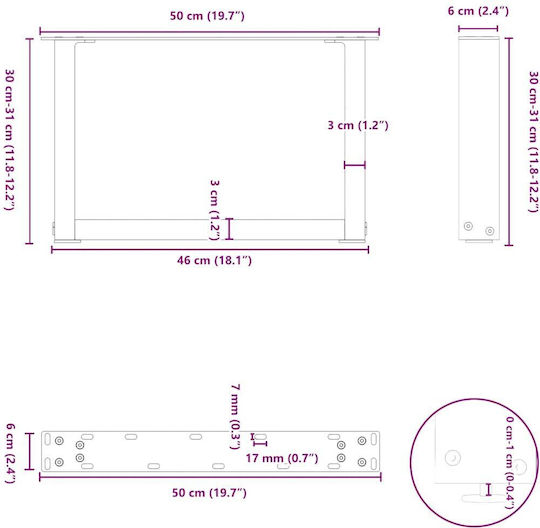 vidaXL Metallic Furniture Leg 2 Pieces Suitable for Table / Coffee Table 50x30cm Anthracite Brown