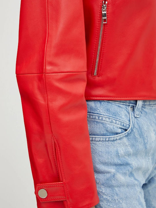 Women's Short Lifestyle Leather Jacket for Winter Red