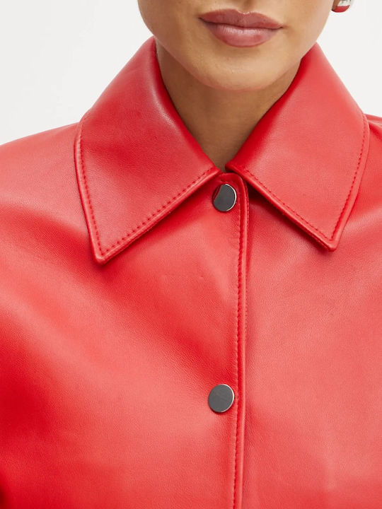 Women's Short Lifestyle Leather Jacket for Winter Red