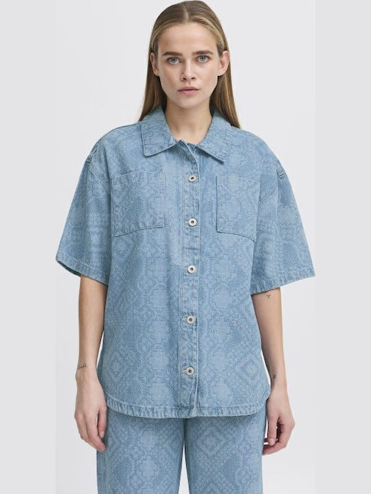Kurzärmelig Damen Denim Hemd Light Blue Denim