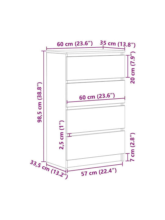 Wooden Chest of Drawers with 4 Drawers Black Oak 60x35x98.5cm