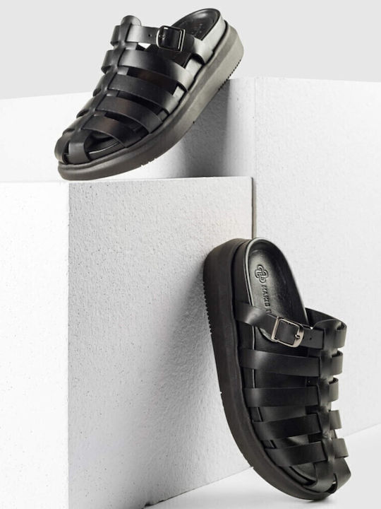 Leather Mules with Low Heel in Black Color