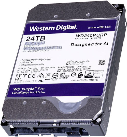 Western Digital 24TB HDD Hard Drive 3.5" SATA III 7200rpm with 512MB Cache for Recorder WD240PURP
