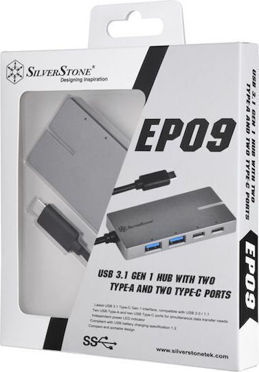 Silverstone EP09C USB-Hub mit 4 Anschlüssen USB 3.1 mit USB-C Anschluss in Silber