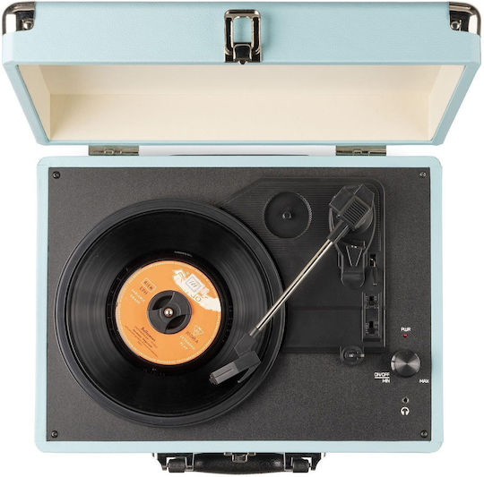 Audizio 102.040 Винтидж Грамофон Куфарче със Задвижване с Ремък, Предусилвател и Вградени Говорители Светлосин