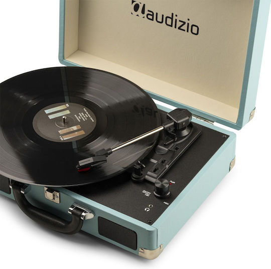 Audizio 102.040 Винтидж Грамофон Куфарче със Задвижване с Ремък, Предусилвател и Вградени Говорители Светлосин