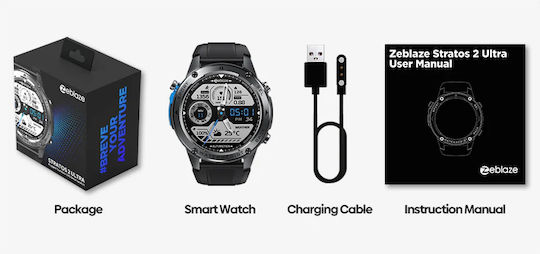 Zeblaze Stratos 2 Ultra Stainless Steel 52mm Αδιάβροχο Smartwatch με Παλμογράφο (Μαύρο)