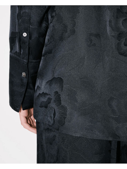 Peonies Long Sleeve Women's Silky Shirt Black