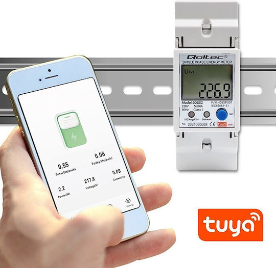 Qoltec 50882 Single Phase Electronic Energy Consumption Meter Din Rail Wi-fi Tuya 230v Lcd