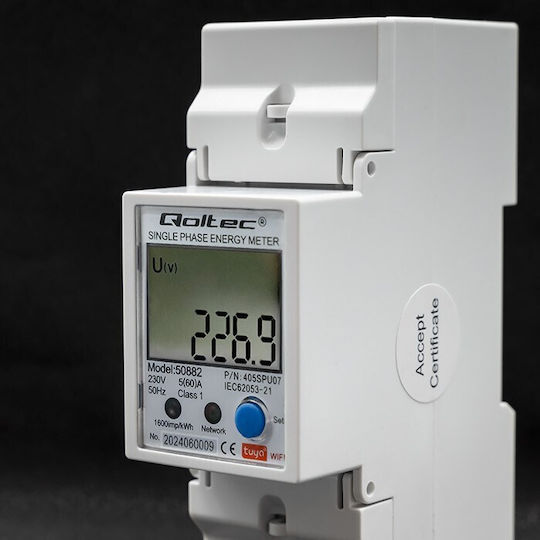 Qoltec 50882 Single Phase Electronic Energy Consumption Meter Din Rail Wi-fi Tuya 230v Lcd