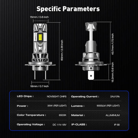 NovSight Lamps Car & Motorcycle H7 LED 6500K Cold White 12-24V 70W 2pcs
