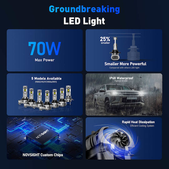 NovSight Лампи Автомобила & Мотоциклета HB3 LED 6500К Хладно бяло 12-24V 70W 2бр