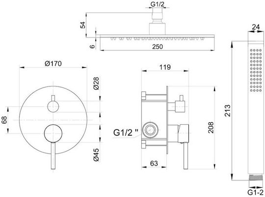 Interflex Μίκτης Μπαταρίας Εντοιχισμού για Ντουζιέρα Ασημί