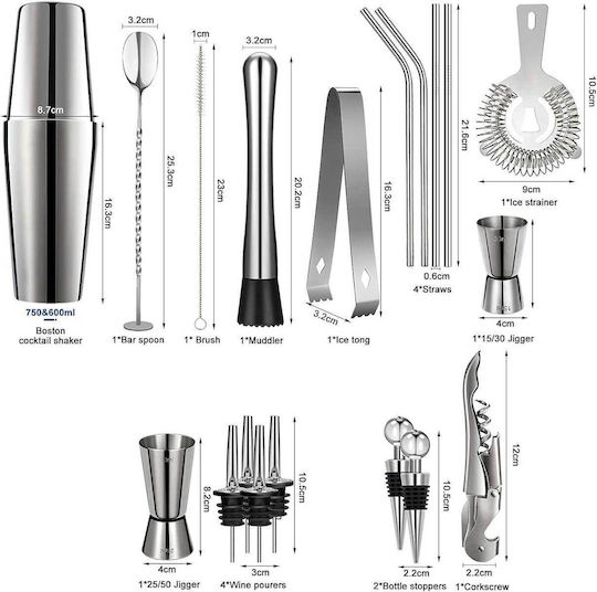 Chulovs 20-teiliges Cocktail-Shaker-Set Boston Barkeeper Edelstahl Acrylständer Professionelle Barwerkzeuge Getränkemischung