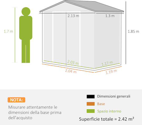 Metallisches Gartenhaus Gaalvanisiert mit Lüftungsschlitzen M2.13xB1.3xH1.85m