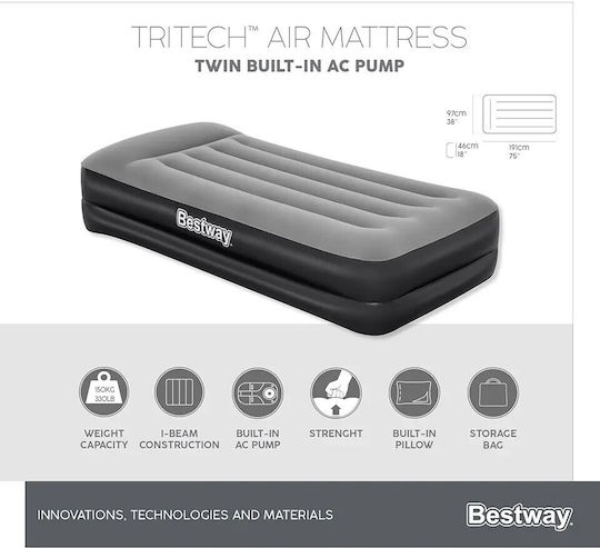 Bestway Camping Air Mattress Single with Integrated Pump 191x97x46cm Gray