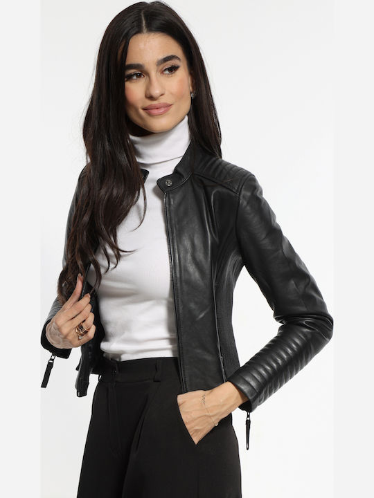 Women's Crop Lifestyle Leather Jacket for Winter Black