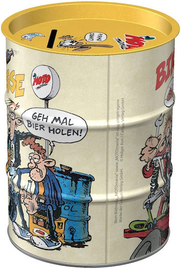 Ölfass-Spardose Motomania Biker Checkout Logo