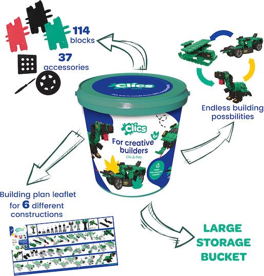 Clics Toys Cuburi De Construit Dino Bucket Pentru 4+ Ani 141 Bucăți