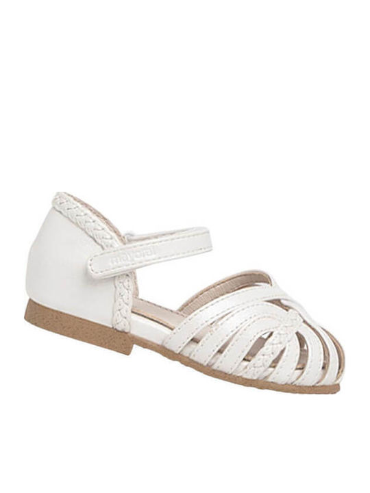 Kids Leather Ballerinas with Hoop & Loop Closure White
