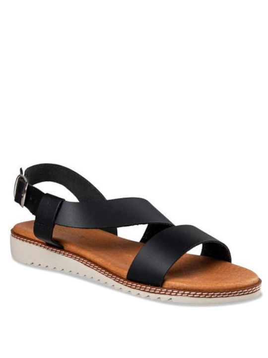 Envie Shoes Leather Women's Flat Sandals with Strap in Black Color