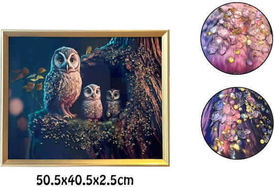 Tablou cu Ramă Aurie Design Bufnițe Pietre Reliefate Tip Diamant 50.5x40.5x2.5cm