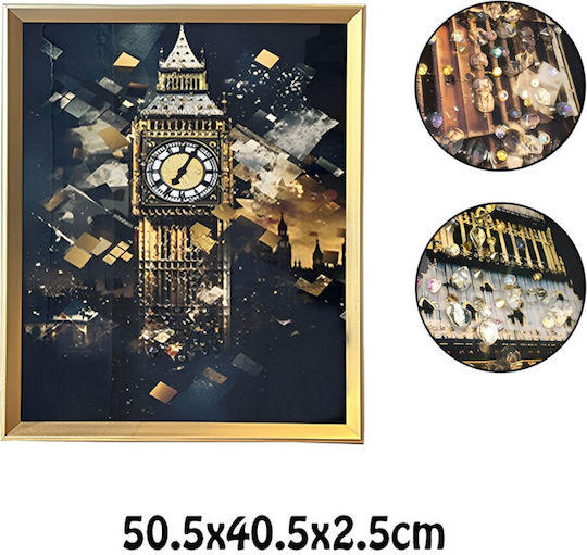 Design Pânză cu Ramă Aurie Big Ben cu Pietre Reliefate Tip Diamant 50.5x40.5x2.5cm